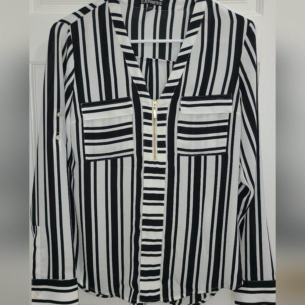 Express Black and White Vertical Stripe Zip Front Blouse